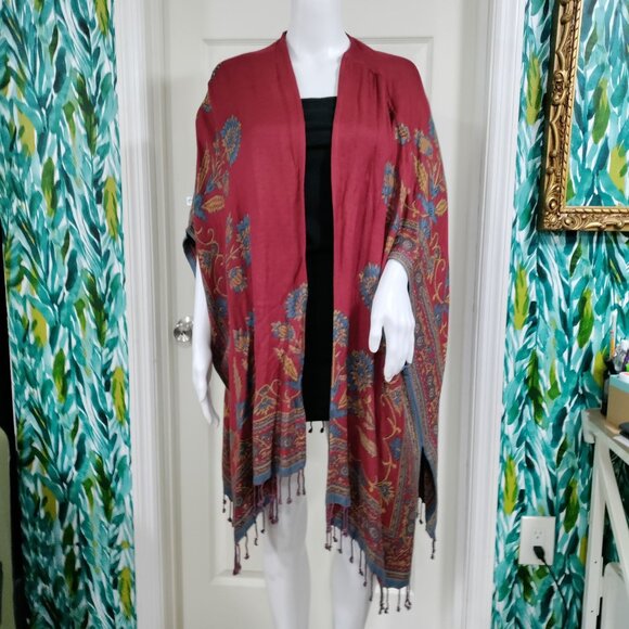 Colleen Lopez Boho Lagenlook Woven Reversible Ruana Fringe Cardigan Shawl XL - Picture 2 of 13